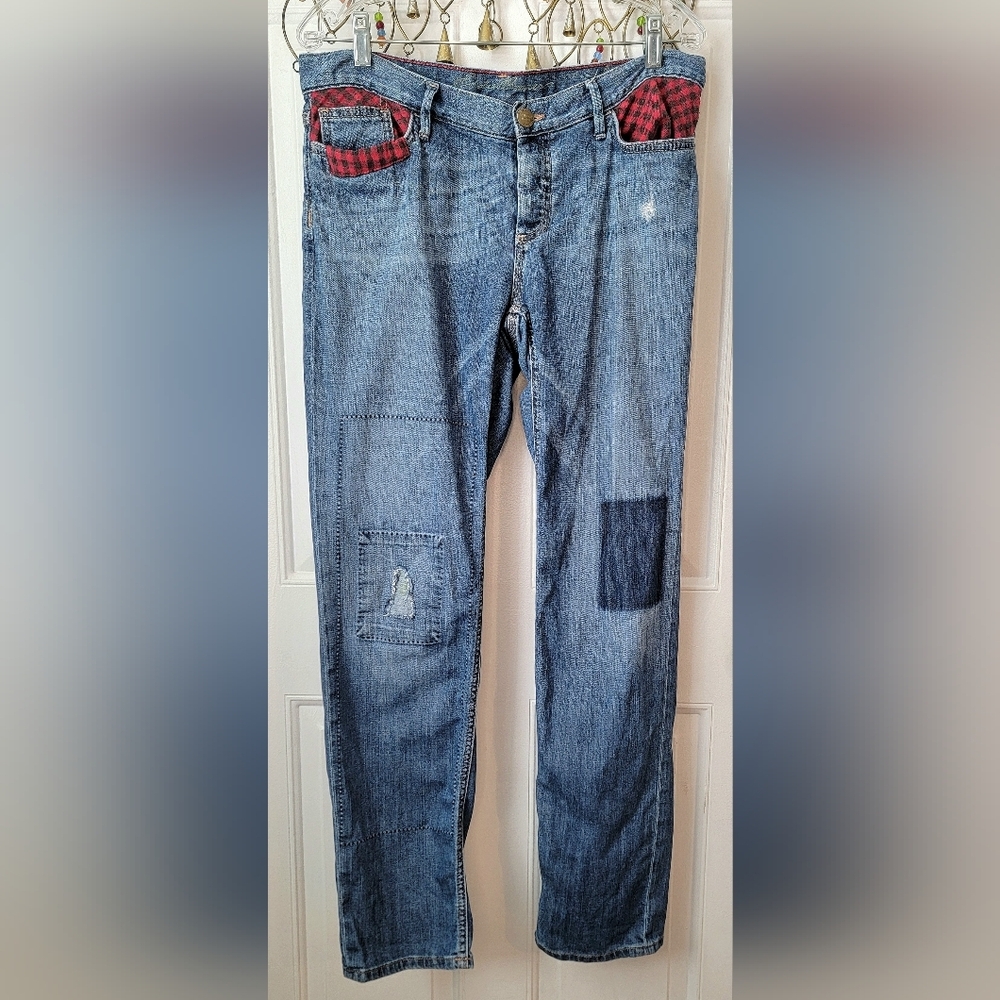 Eddie Bauer Flannel Patchwork Boyfriend Jeans Womens 10 Med Wash Relaxed Stretch